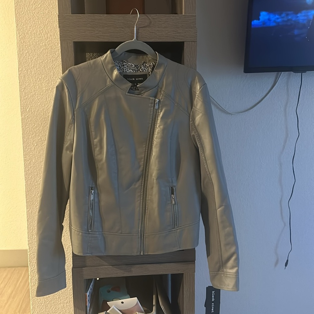 black rivet gray leather mid collar faux leather jacket